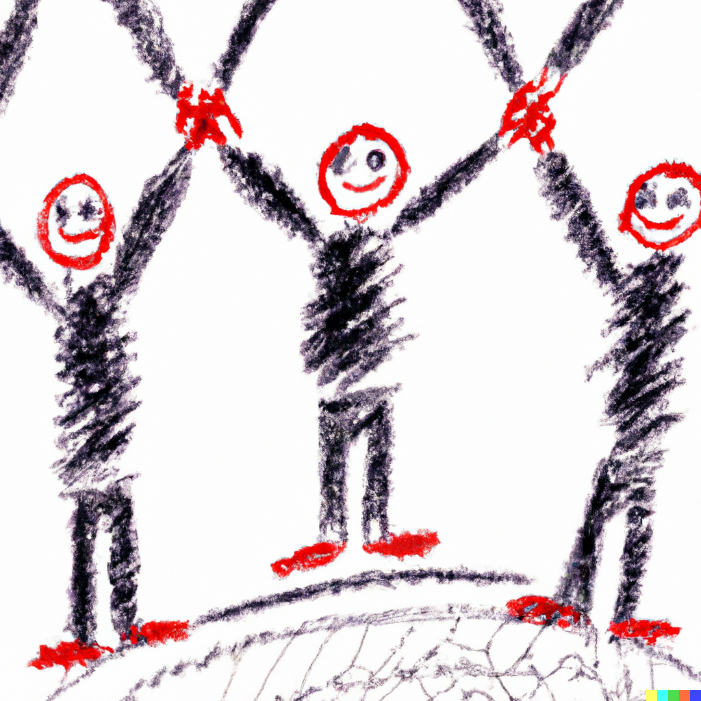 DALL E generated ‘crayon drawing of a group of people holding hands that is recursive’